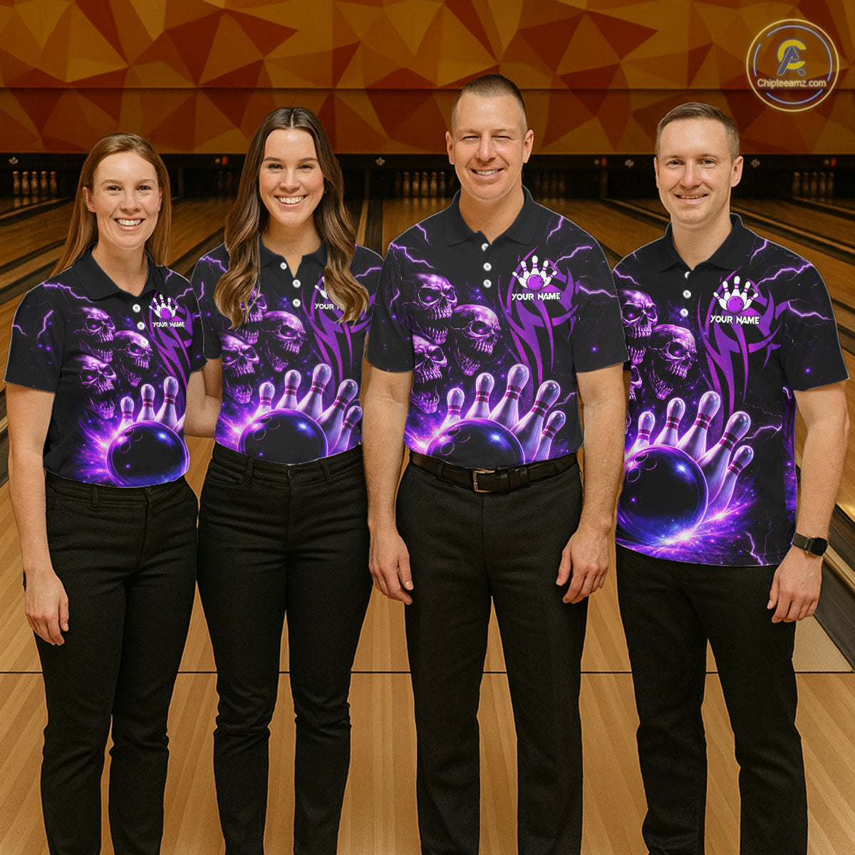 Custom Black and Purple Lightning Thunder Skull Dragon Bowling Shirts For Women, Team Bowling Jerseys NQS11641