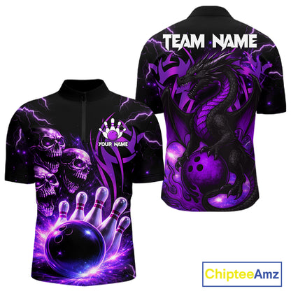 Custom Black and Purple Lightning Thunder Skull Dragon Bowling Shirts For Men, Team Bowling Jerseys NQS11641