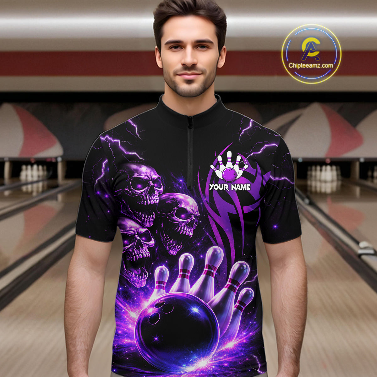 Custom Black and Purple Lightning Thunder Skull Dragon Bowling Shirts For Men, Team Bowling Jerseys NQS11641