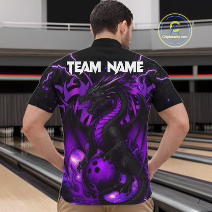 Custom Black and Purple Lightning Thunder Skull Dragon Bowling Shirts For Men, Team Bowling Jerseys NQS11641
