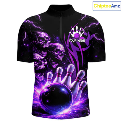 Custom Black and Purple Lightning Thunder Skull Dragon Bowling Shirts For Men, Team Bowling Jerseys NQS11641