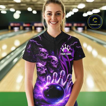 Custom Black and Purple Lightning Thunder Skull Dragon Bowling Shirts For Women, Team Bowling Jerseys NQS11641
