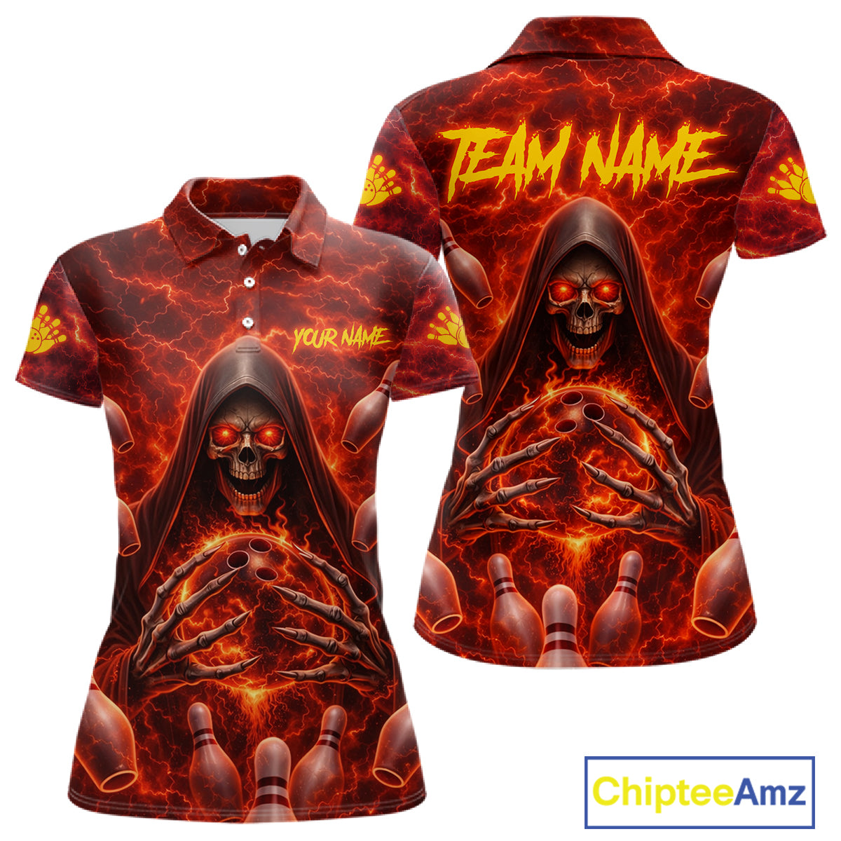 Red Lightning Thunder Skull Reaper Bowling Shirts For Women Custom Team Bowling League Jerseys NQS11642