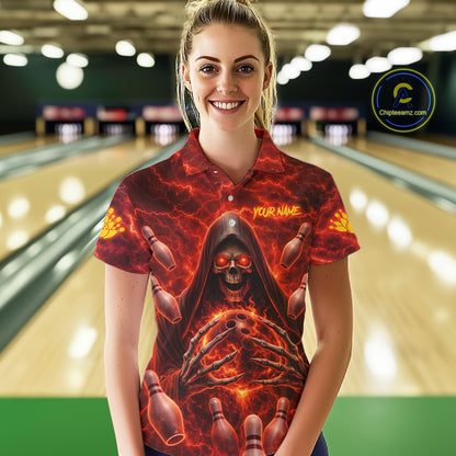 Red Lightning Thunder Skull Reaper Bowling Shirts For Women Custom Team Bowling League Jerseys NQS11642