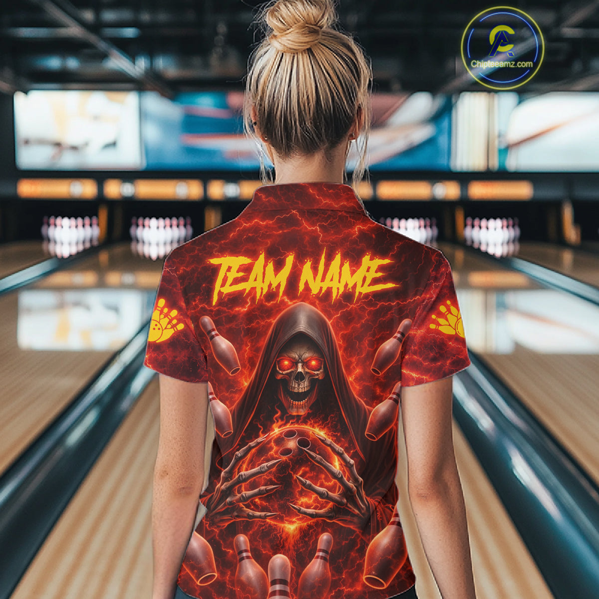 Red Lightning Thunder Skull Reaper Bowling Shirts For Women Custom Team Bowling League Jerseys NQS11642
