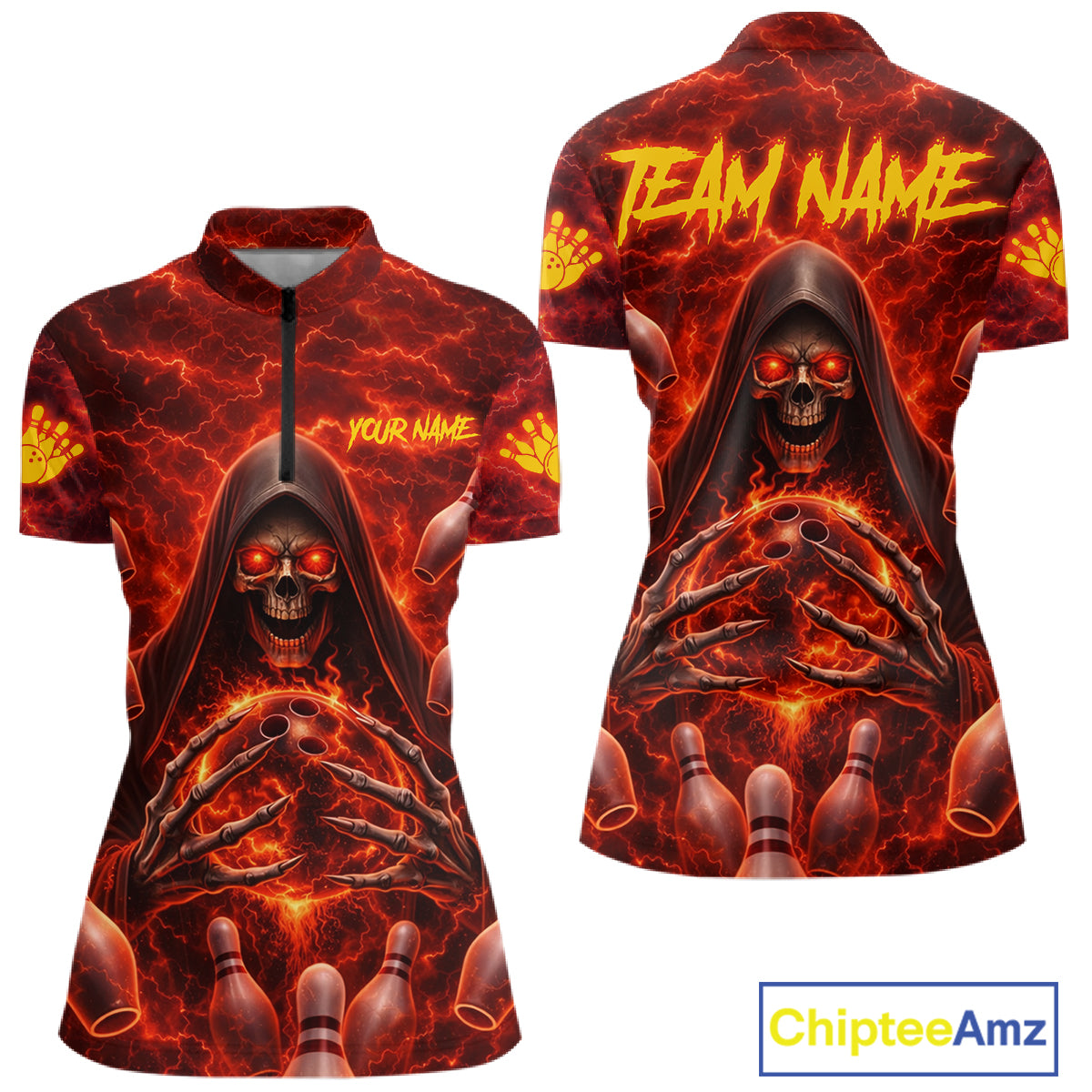 Red Lightning Thunder Skull Reaper Bowling Shirts For Women Custom Team Bowling League Jerseys NQS11642