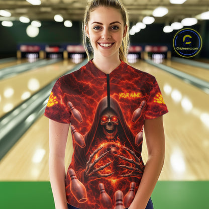 Red Lightning Thunder Skull Reaper Bowling Shirts For Women Custom Team Bowling League Jerseys NQS11642