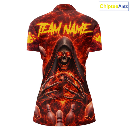 Red Lightning Thunder Skull Reaper Bowling Shirts For Women Custom Team Bowling League Jerseys NQS11642
