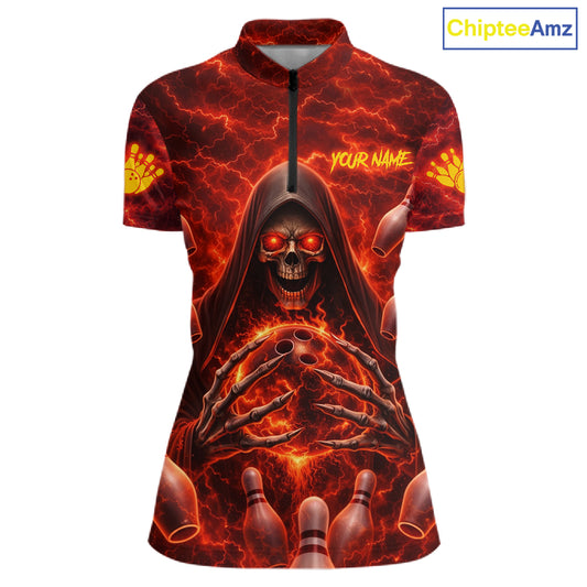 Red Lightning Thunder Skull Reaper Bowling Shirts For Women Custom Team Bowling League Jerseys NQS11642