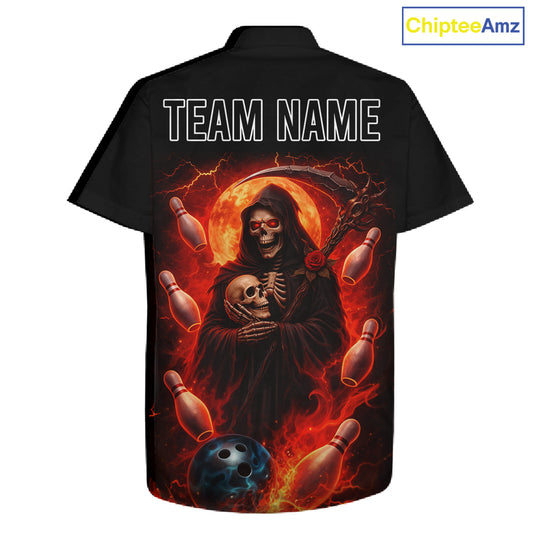 Black & Orange Lightning Thunder Moon Reaper Bowling Button-up Shirt Custom Skull Team Bowling Jersey NQS11643