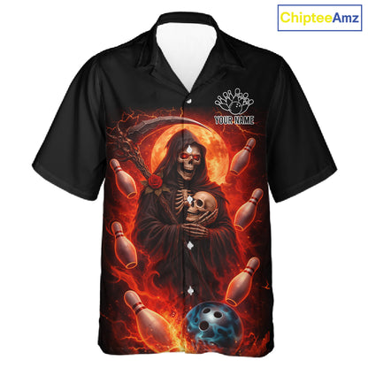 Black & Orange Lightning Thunder Moon Reaper Bowling Button-up Shirt Custom Skull Team Bowling Jersey NQS11643