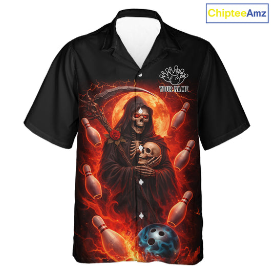 Black & Orange Lightning Thunder Moon Reaper Bowling Button-up Shirt Custom Skull Team Bowling Jersey NQS11643