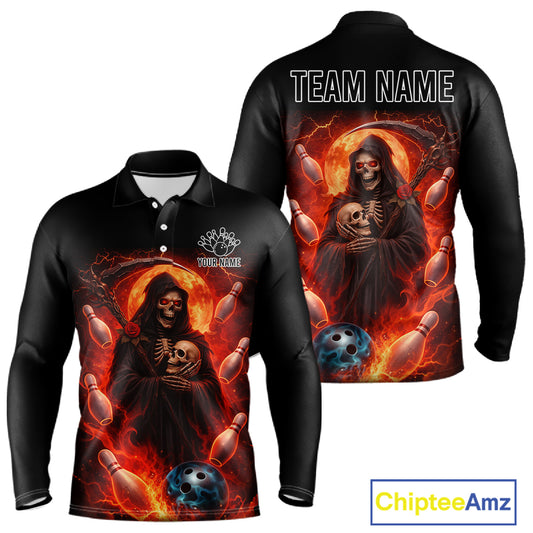 Black & Orange Lightning Thunder Moon Reaper Bowling Shirts For Men Custom Skull Team Bowling Jerseys NQS11643