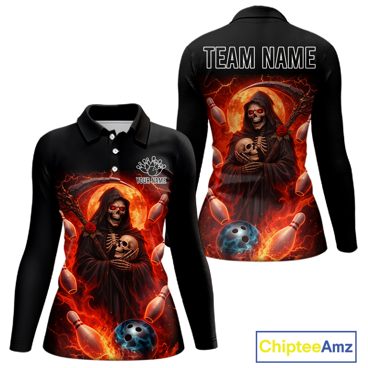 Black & Orange Lightning Thunder Moon Reaper Bowling Shirt For Women Custom Skull Team Bowling Jersey NQS11643