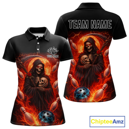 Black & Orange Lightning Thunder Moon Reaper Bowling Shirt For Women Custom Skull Team Bowling Jersey NQS11643