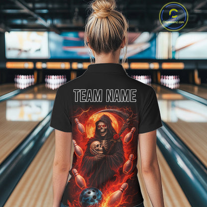 Black & Orange Lightning Thunder Moon Reaper Bowling Shirt For Women Custom Skull Team Bowling Jersey NQS11643