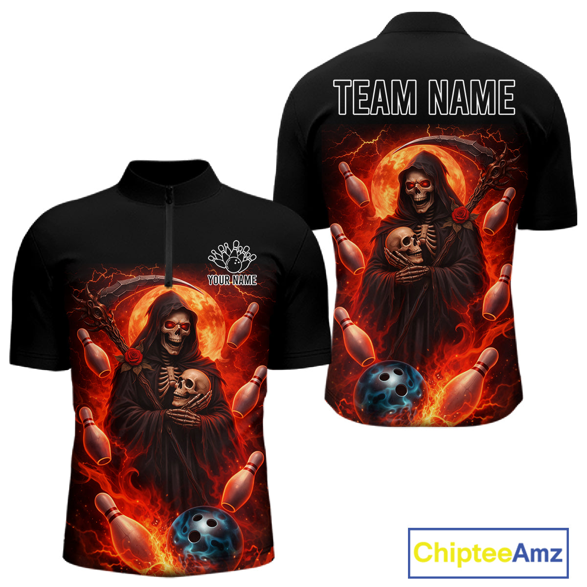 Black & Orange Lightning Thunder Moon Reaper Bowling Shirts For Men Custom Skull Team Bowling Jerseys NQS11643