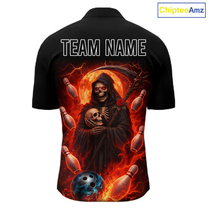 Black & Orange Lightning Thunder Moon Reaper Bowling Shirts For Men Custom Skull Team Bowling Jerseys NQS11643