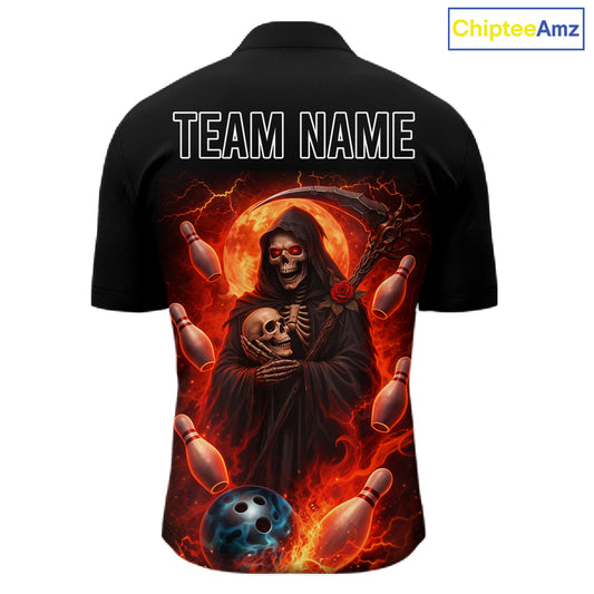 Black & Orange Lightning Thunder Moon Reaper Bowling Shirts For Men Custom Skull Team Bowling Jerseys NQS11643