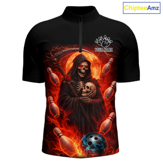 Black & Orange Lightning Thunder Moon Reaper Bowling Shirts For Men Custom Skull Team Bowling Jerseys NQS11643