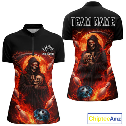 Black & Orange Lightning Thunder Moon Reaper Bowling Shirt For Women Custom Skull Team Bowling Jersey NQS11643