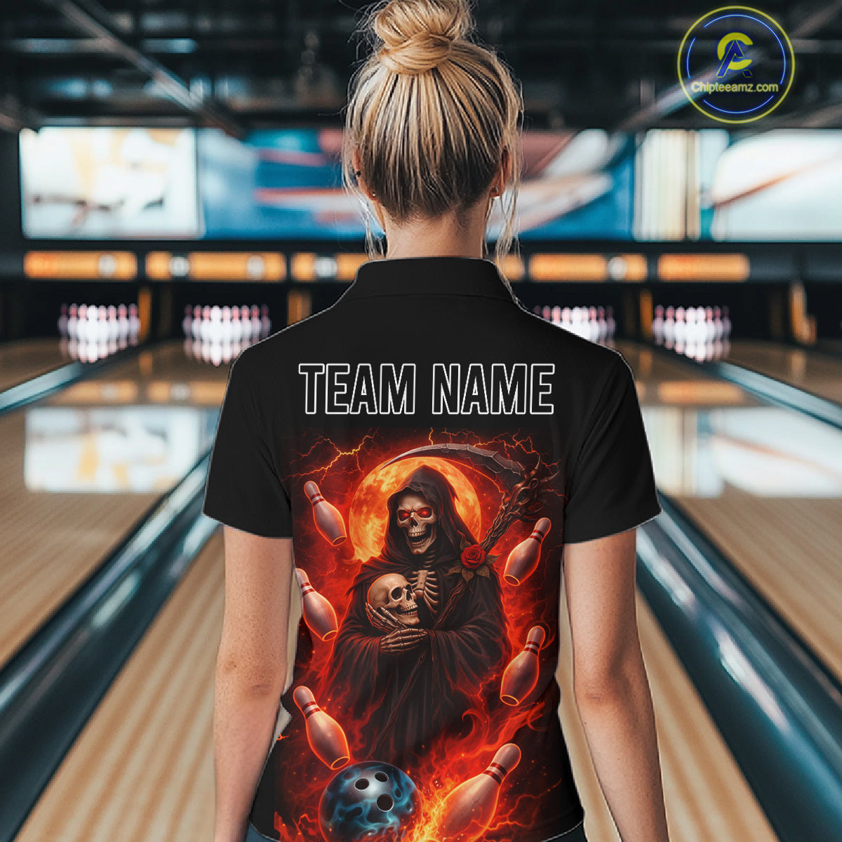 Black & Orange Lightning Thunder Moon Reaper Bowling Shirt For Women Custom Skull Team Bowling Jersey NQS11643