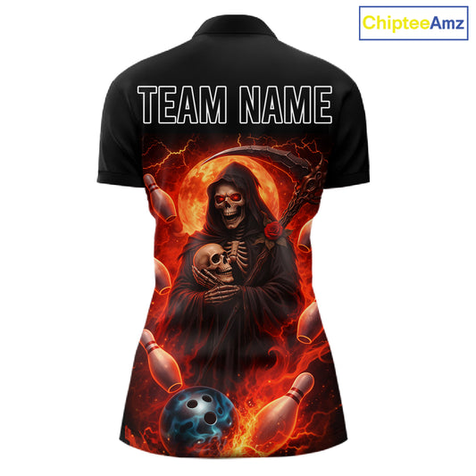 Black & Orange Lightning Thunder Moon Reaper Bowling Shirt For Women Custom Skull Team Bowling Jersey NQS11643