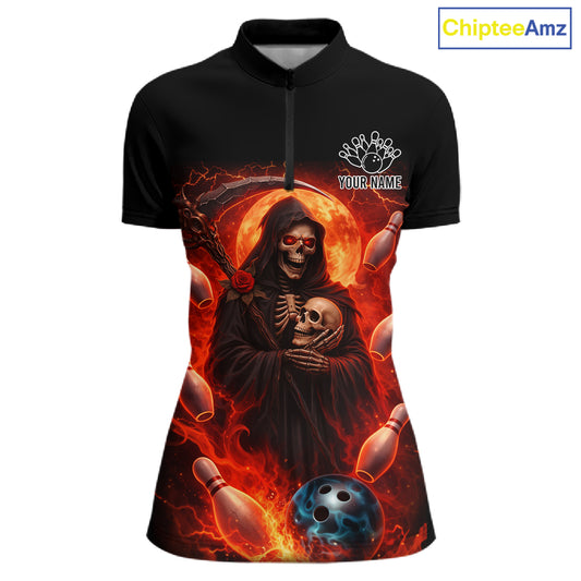 Black & Orange Lightning Thunder Moon Reaper Bowling Shirt For Women Custom Skull Team Bowling Jersey NQS11643