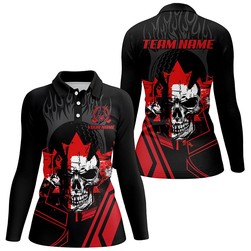 Black and red Skull Canadian Flag Womens golf polo shirts custom patriotic golf attire for women NQS8049
