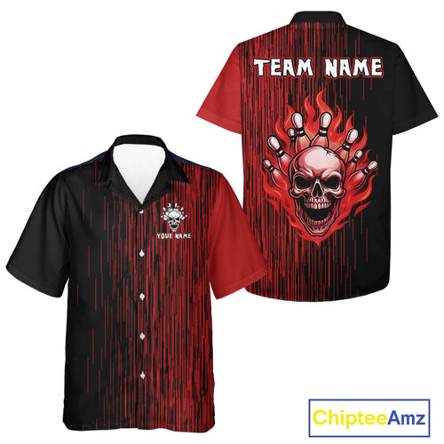Black & Red pattern Flame Skull Bowling hawaiian shirt custom bowling button up shirt for team bowler NQS10254