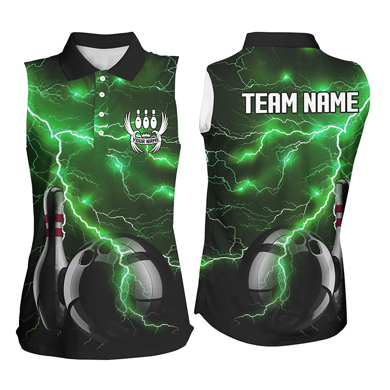 Green Lightning Thunder Black Bowling Sleeveless Polo Shirt custom storm bowling team jerseys NQS8457
