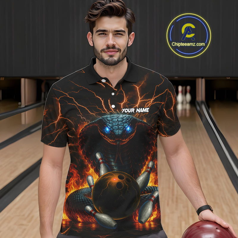 Personalized Orange Flame Thunder Lightning Cobra Snake Bowling Shirt For Men, Bowling Team Jerseys NQS10641