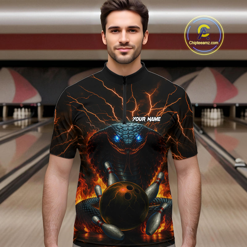 Personalized Orange Flame Thunder Lightning Cobra Snake Bowling Shirt For Men, Bowling Team Jerseys NQS10641