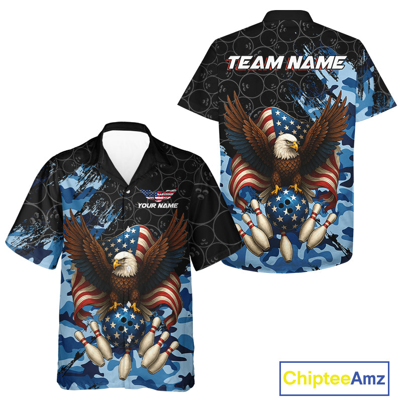 Black and Blue Camo American Flag Eagle Bowling Hawaiian Shirt Custom Patriotic Team Bowling Jersey NQS10644
