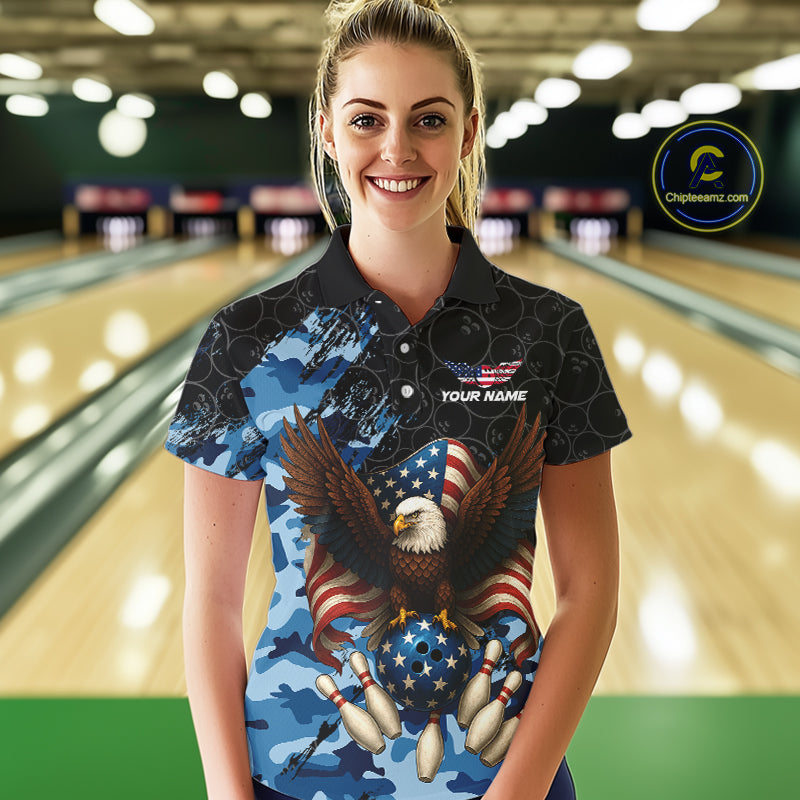Black and Blue Camo American Flag Eagle Bowling Shirt For Women Custom Patriotic Team Bowling Jersey NQS10644