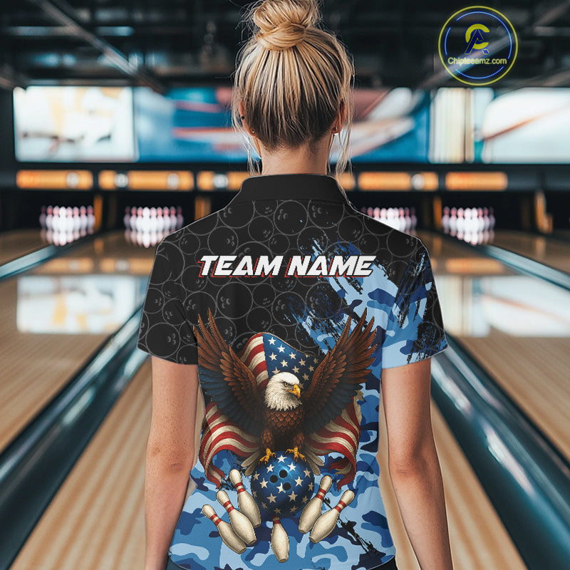 Black and Blue Camo American Flag Eagle Bowling Shirt For Women Custom Patriotic Team Bowling Jersey NQS10644