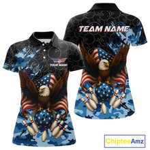 Load image into Gallery viewer, Black and Blue Camo American Flag Eagle Bowling Shirt For Women Custom Patriotic Team Bowling Jersey NQS10644