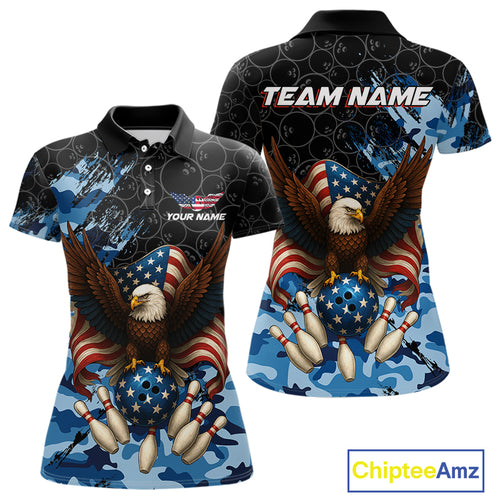 Black and Blue Camo American Flag Eagle Bowling Shirt For Women Custom Patriotic Team Bowling Jersey NQS10644