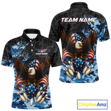 Load image into Gallery viewer, Black and Blue Camo American Flag Eagle Bowling Shirts For Men Custom Patriotic Team Bowling Jersey NQS10644