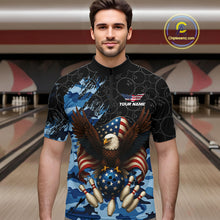Load image into Gallery viewer, Black and Blue Camo American Flag Eagle Bowling Shirts For Men Custom Patriotic Team Bowling Jersey NQS10644