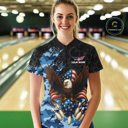 Black and Blue Camo American Flag Eagle Bowling Shirt For Women Custom Patriotic Team Bowling Jersey NQS10644