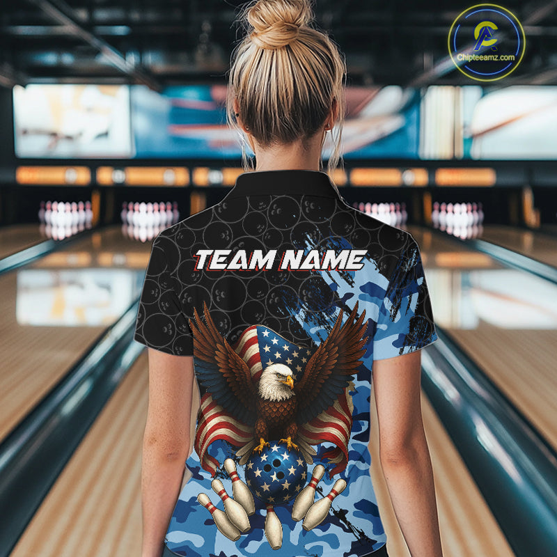 Black and Blue Camo American Flag Eagle Bowling Shirt For Women Custom Patriotic Team Bowling Jersey NQS10644