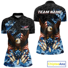 Load image into Gallery viewer, Black and Blue Camo American Flag Eagle Bowling Shirt For Women Custom Patriotic Team Bowling Jersey NQS10644