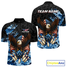 Load image into Gallery viewer, Black and Blue Camo American Flag Eagle Bowling Shirts For Men Custom Patriotic Team Bowling Jersey NQS10644
