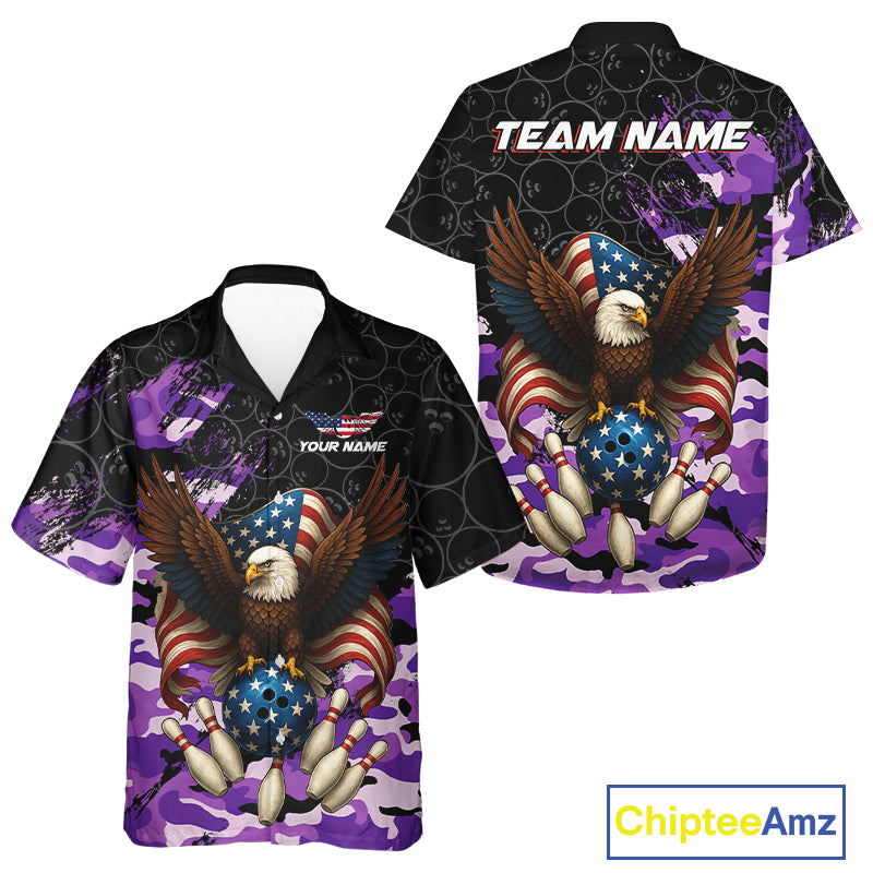 Black and Purple Camo American Flag Eagle Bowling Hawaiian Shirt Custom Patriotic Team Bowling Jersey NQS10645