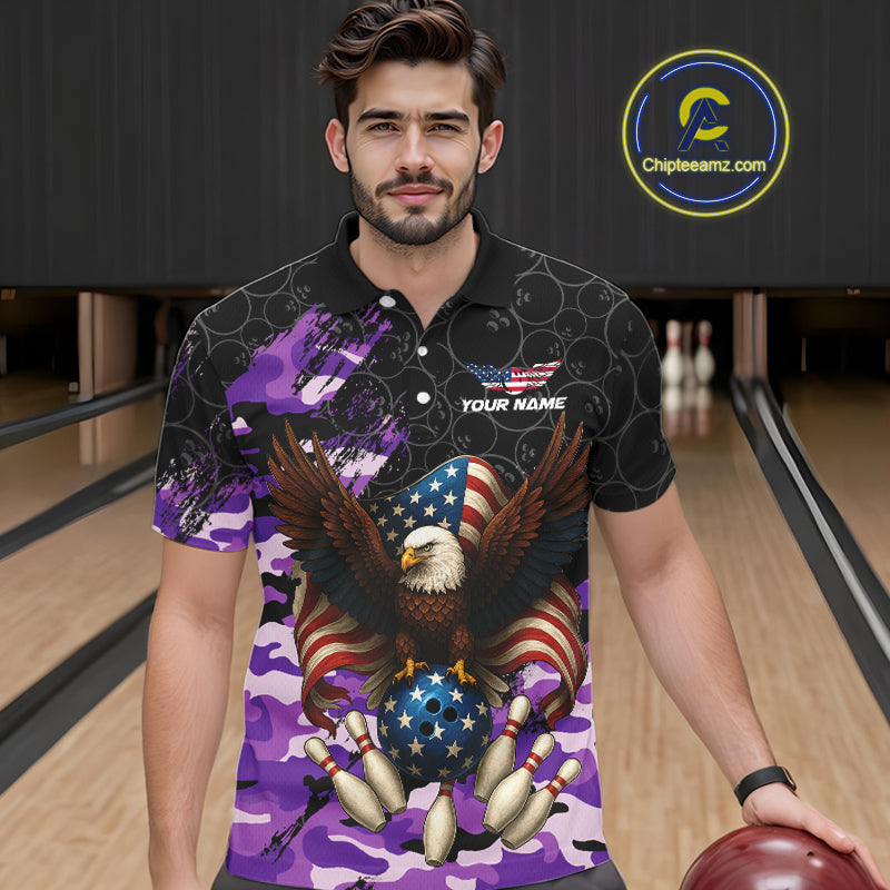Black and Purple Camo American Flag Eagle Bowling Shirts For Men Custom Patriotic Team Bowling Jersey NQS10645