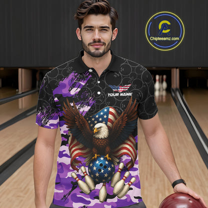 Black and Purple Camo American Flag Eagle Bowling Shirts For Men Custom Patriotic Team Bowling Jersey NQS10645