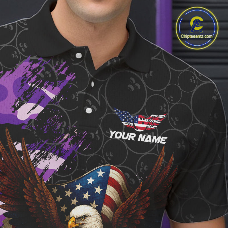 Black and Purple Camo American Flag Eagle Bowling Shirts For Men Custom Patriotic Team Bowling Jersey NQS10645