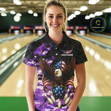 Load image into Gallery viewer, Black &amp; Purple Camo American Flag Eagle Bowling Shirt For Women Custom Patriotic Team Bowling Jersey NQS10645
