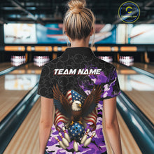 Load image into Gallery viewer, Black &amp; Purple Camo American Flag Eagle Bowling Shirt For Women Custom Patriotic Team Bowling Jersey NQS10645